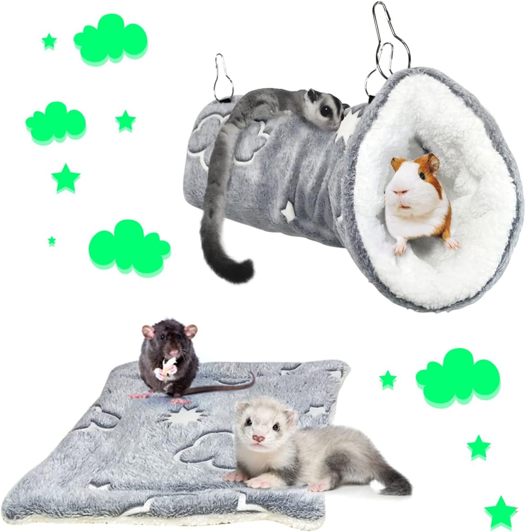 LEFTSTARER Noctilucent Luminous Guinea Pig Rat Hammock Bunkbed Hanging Tunnel and Soft Bed Mat for Ferret Hedgehog Squirrel Hideout Cage Accessories (2.Tunnel Hammock and Mat)