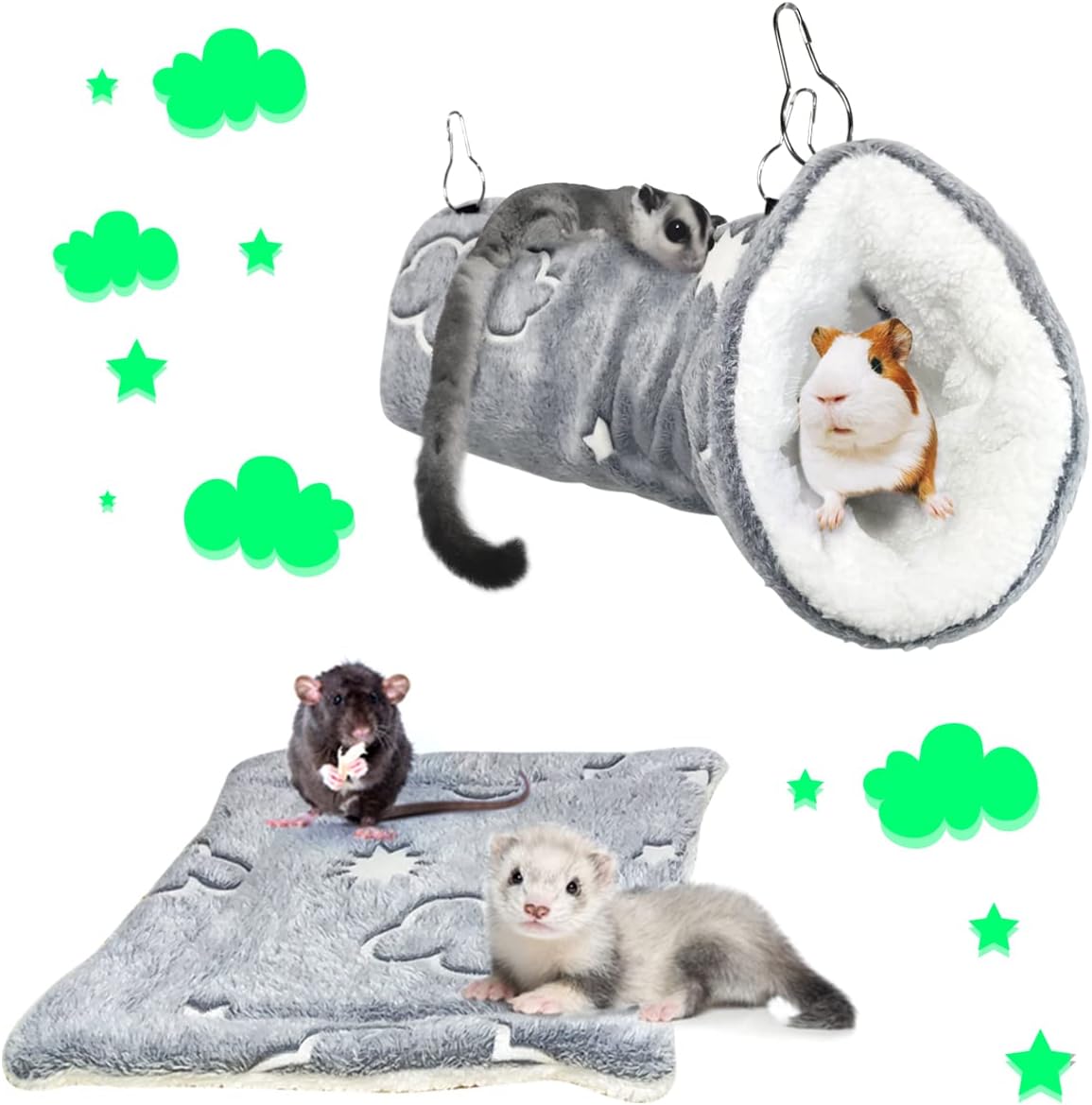 LEFTSTARER Noctilucent Luminous Guinea Pig Rat Hammock Bunkbed Hanging Tunnel and Soft Bed Mat for Ferret Hedgehog Squirrel Hideout Cage Accessories (2.Tunnel Hammock and Mat)
