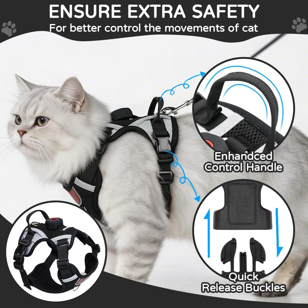Cat Harness and Leash Set with Holder Compatible with AirTag, Upgraded Escape Proof Adjustable Vest Lead for Large Cat Small Dog Walking, Soft Breathable Mesh Jacket with Reflective Strips, Black, L