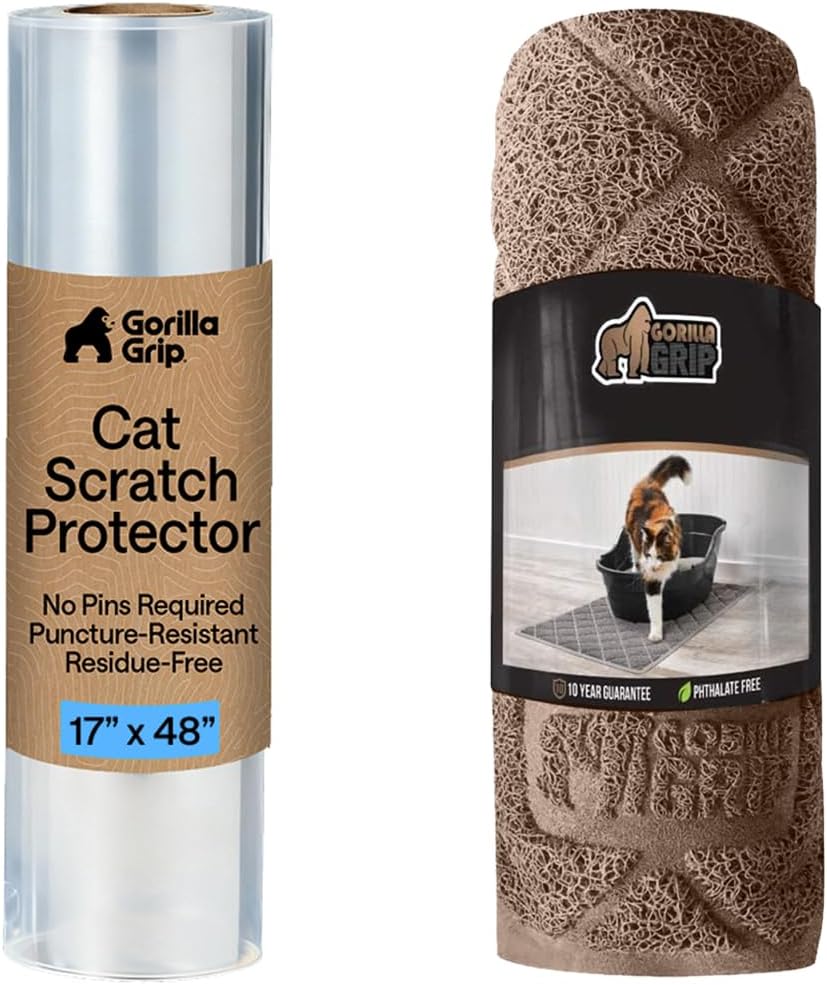 GORILLA GRIP Cat Scratch Pad, 17x48, Clear and Cat Litter Mat, 24x17, Beige Bundle