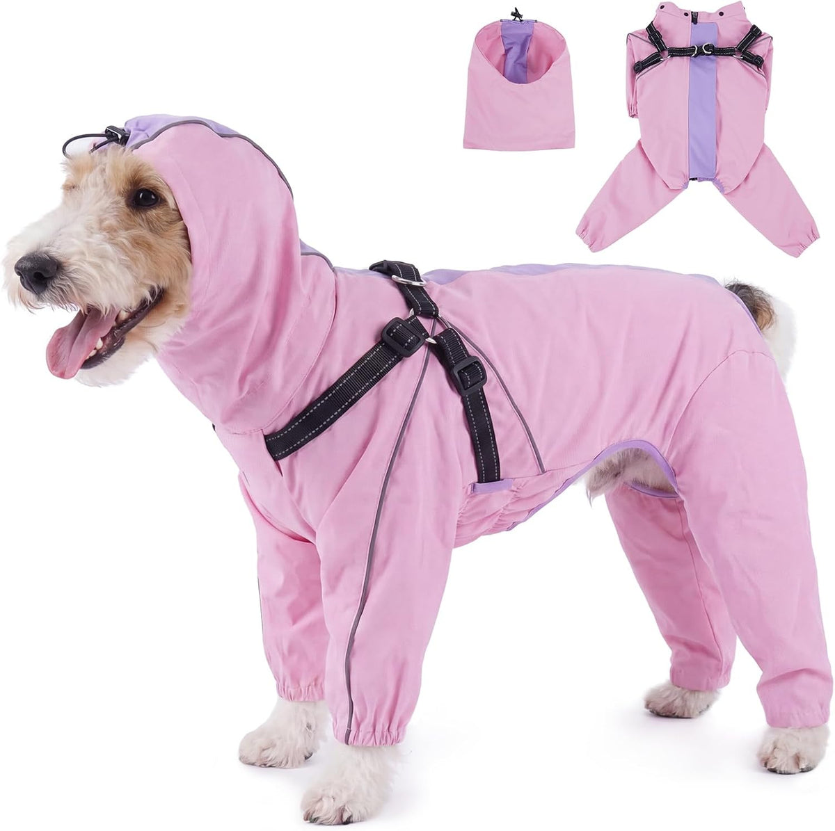 Lelepet Waterproof Dog Jacket with Hood, Full Body Dog Raincoat, Pink, S