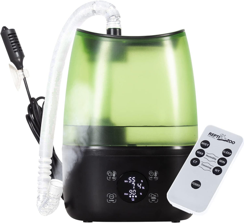 REPTI ZOO Reptile Automatic Fogger 2 IN 1 Digital Timing & Hygrostat Humidifier Remote Control 4L Large Tank Reptile Terrarium Fogger with Extended Hose for Bearded Dragon/Lizard/Gecko/Snake/Tortoise