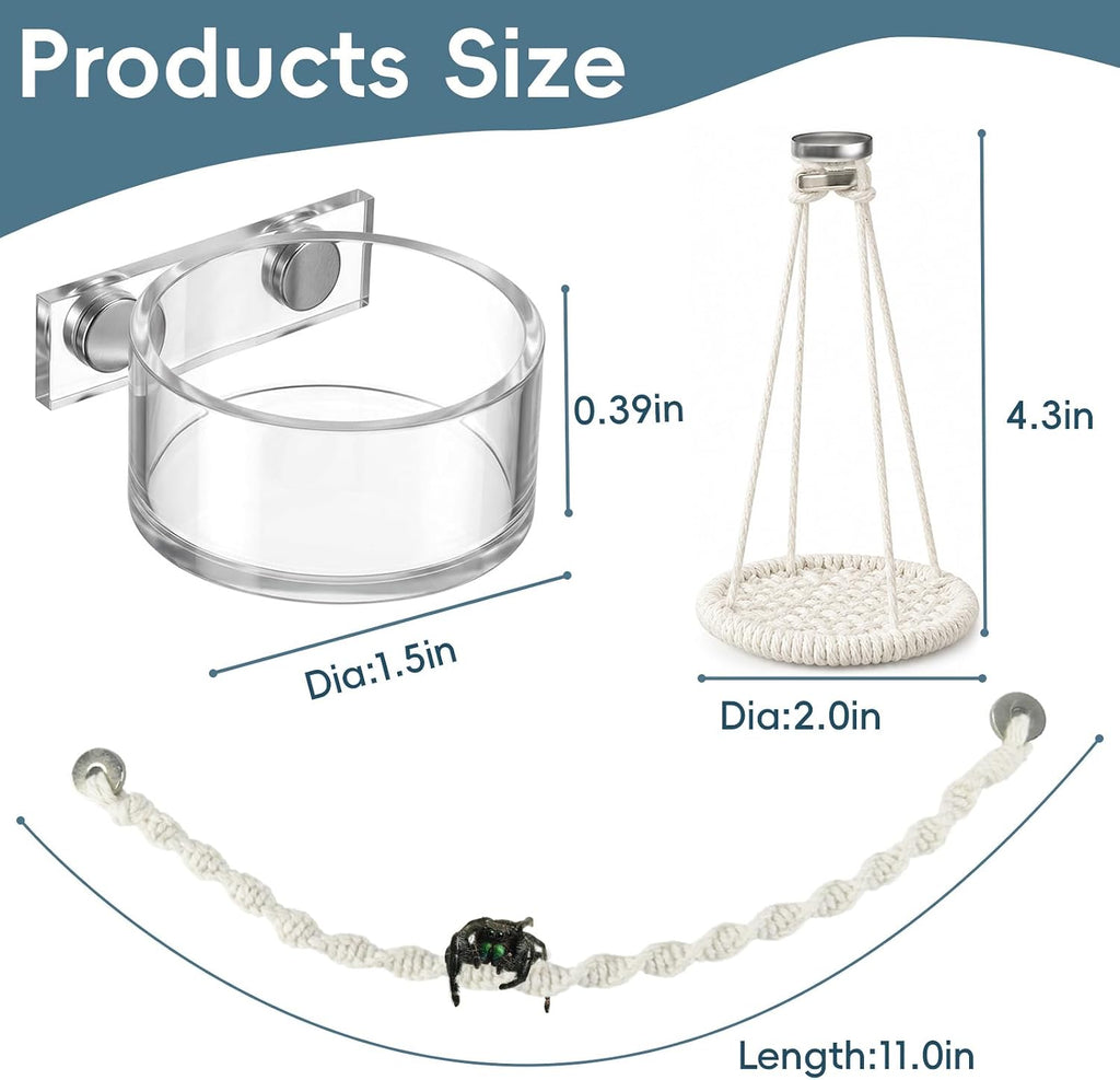 Jumping Spider Accessories Set, 5PCS Magnetic Cotton Rope Swing Hammock with Acrylic Feeding Water Dish, Tweezers and Dropper, Terrarium Habitat Decor for Spiders Tarantula Mantis