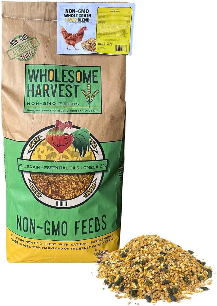 Non-GMO Whole Grain Layer Blend 16% - Chicken Feed for Laying Hens and Ducks - Includes Essential Oils, Herbs, Oyster Shells, Vital Minerals, and Omega 3, 40lb