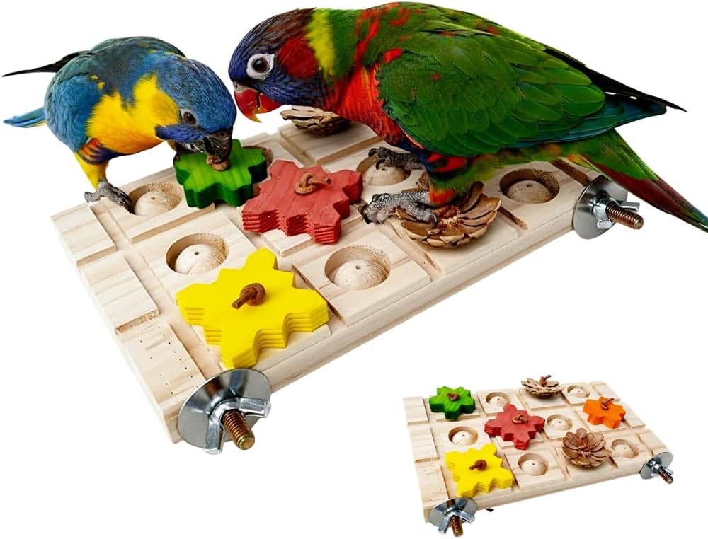 Bird Foraging Puzzle, Wooden Parrot Grinding Platform with Pine Cones, Interactive Birds Enrichment Puzzle for Small-Medium Parrots & Small Animals