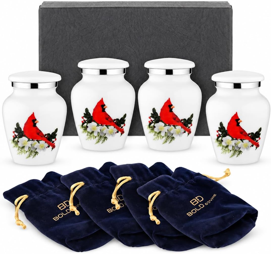 BOLD & DIVINE Small Beautiful Red Cardinal Keepsake Urns |for Human Ashes | Mini Urns Qty 1 with Velvet Bag & Funnel