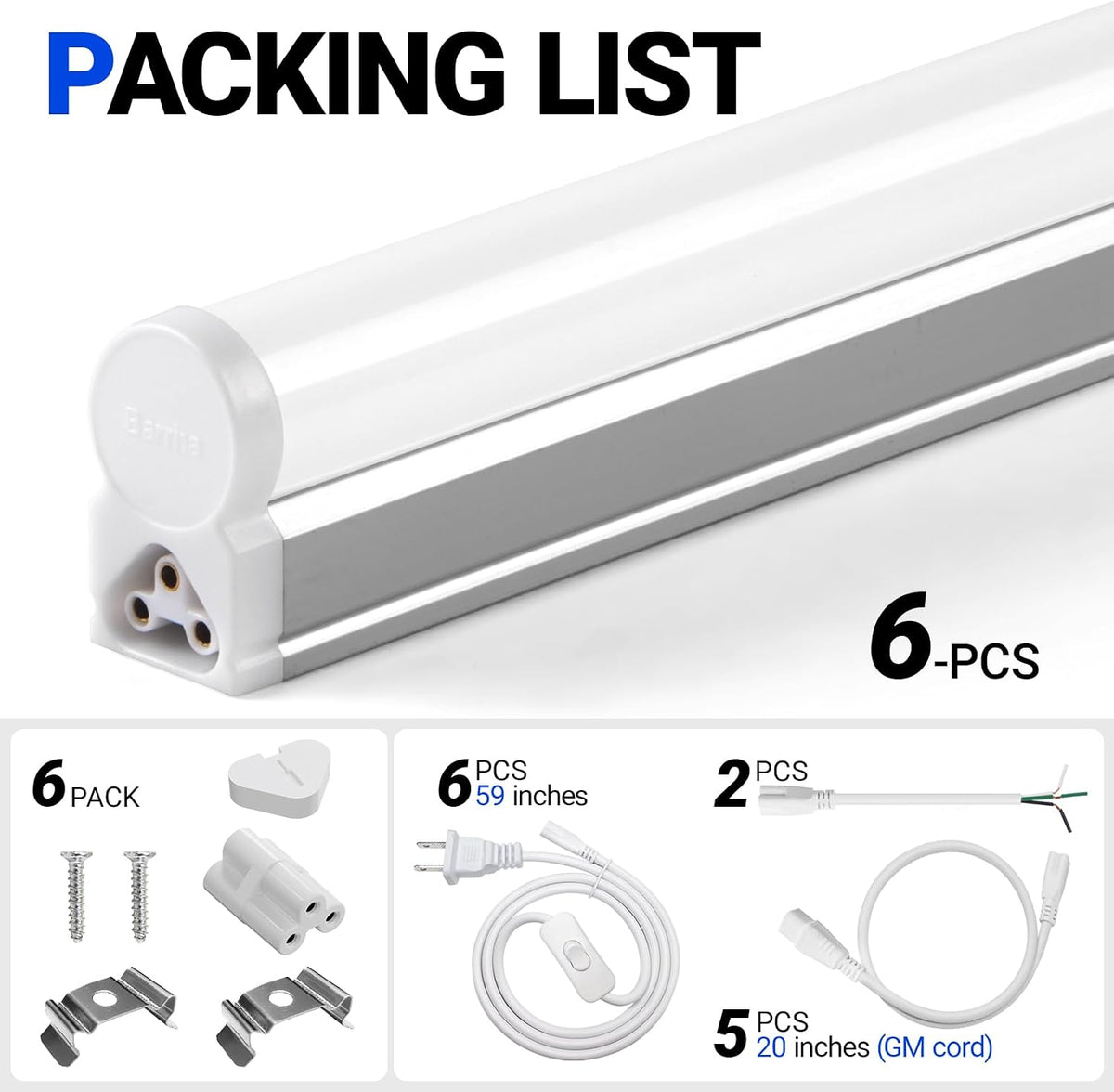 Barrina LED T5 Integrated Single Fixture, 4FT, 2200lm, 3000K, 20W, 6 Packs