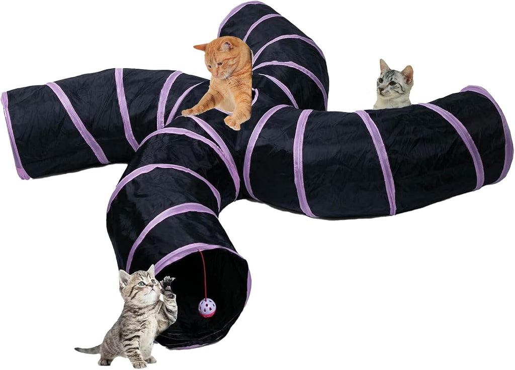 EGETOTA Cat Tunnel for Indoor Cats Large, with Play Ball S-Shape 5 Way Collapsible Interactive Peek Hole Pet Tube Toys, Puppy, Kitty, Kitten, Rabbit (Blue & Black)
