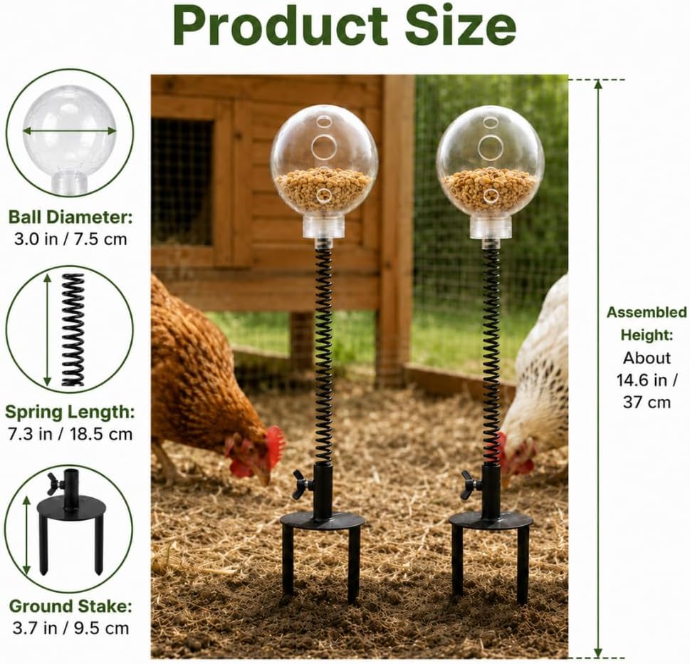 Chicken Treat Dispenser Toy 2 Pack, Spring-Action Treat Balls with Screw-Secured Ground Stakes, Slow Feeder Pecking Enrichment Toys for Hens, Backyard Chickens and Poultry