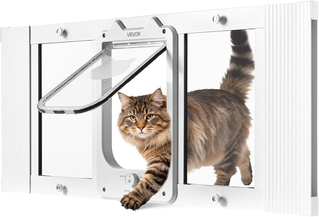 VEVOR Cat Door for Window, Adjustable to Fit Window Width 31"-36", 4 Secure Lock Modes, Aluminum Frame and High-Transparency Glass, Magnetic Closure, Weatherproof Quick-Fit Pet Door for Cats, White