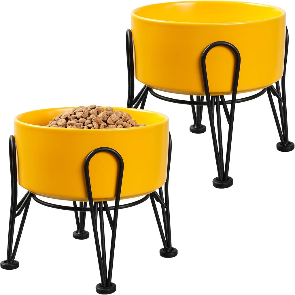 Elevated Dog Bowls, Ceramic Raised Dog Bowl Set with Anti-Slip and Non-Tip Metal Stand, 2 Pack Pet Food and Water Feeding Bowls for Small and Medium Dogs (Black,3.6 Cups)