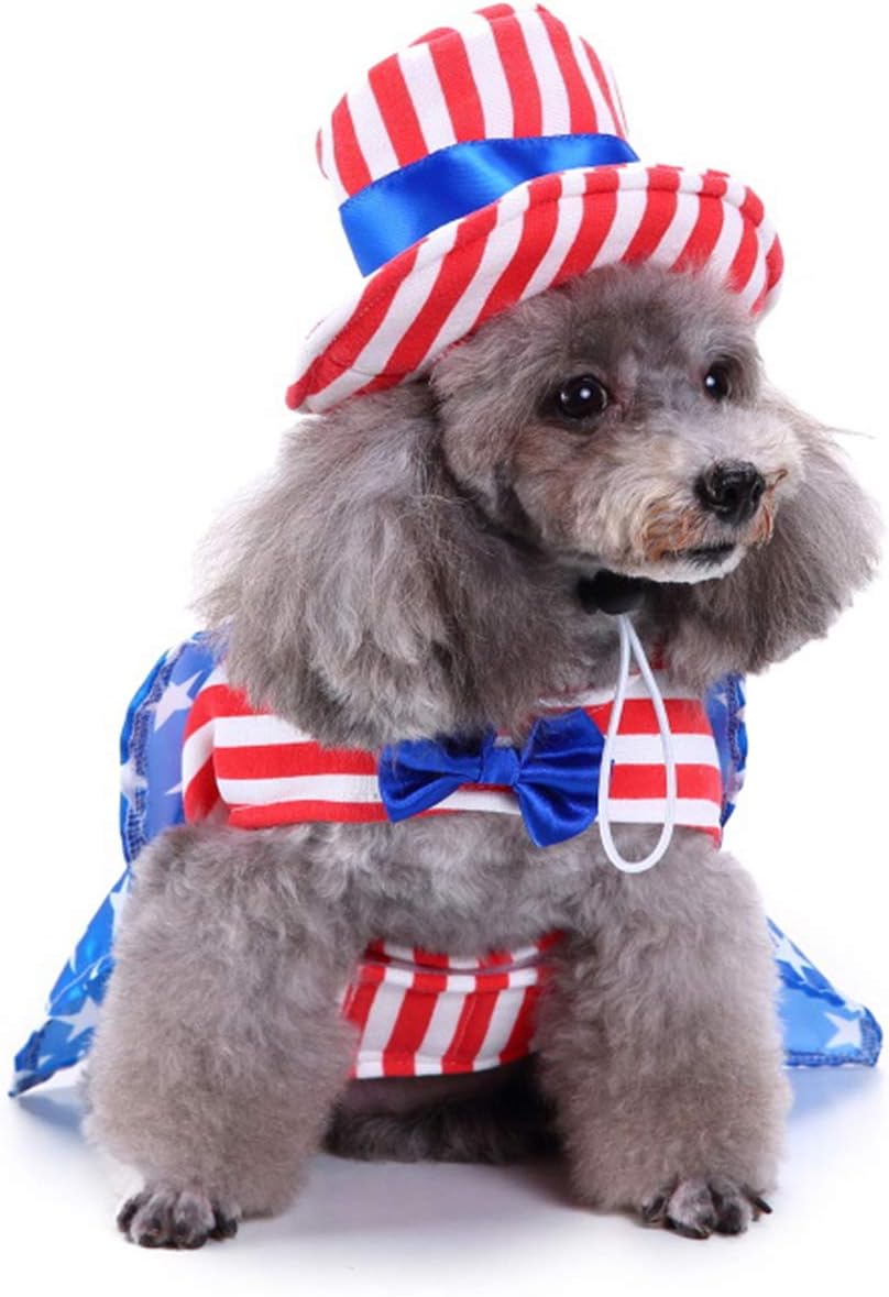 GabeFish Dog 4th of July Dress, Uncle Sam Costume for Pets, Cats Independence Day Clothes Apparel Boy Small