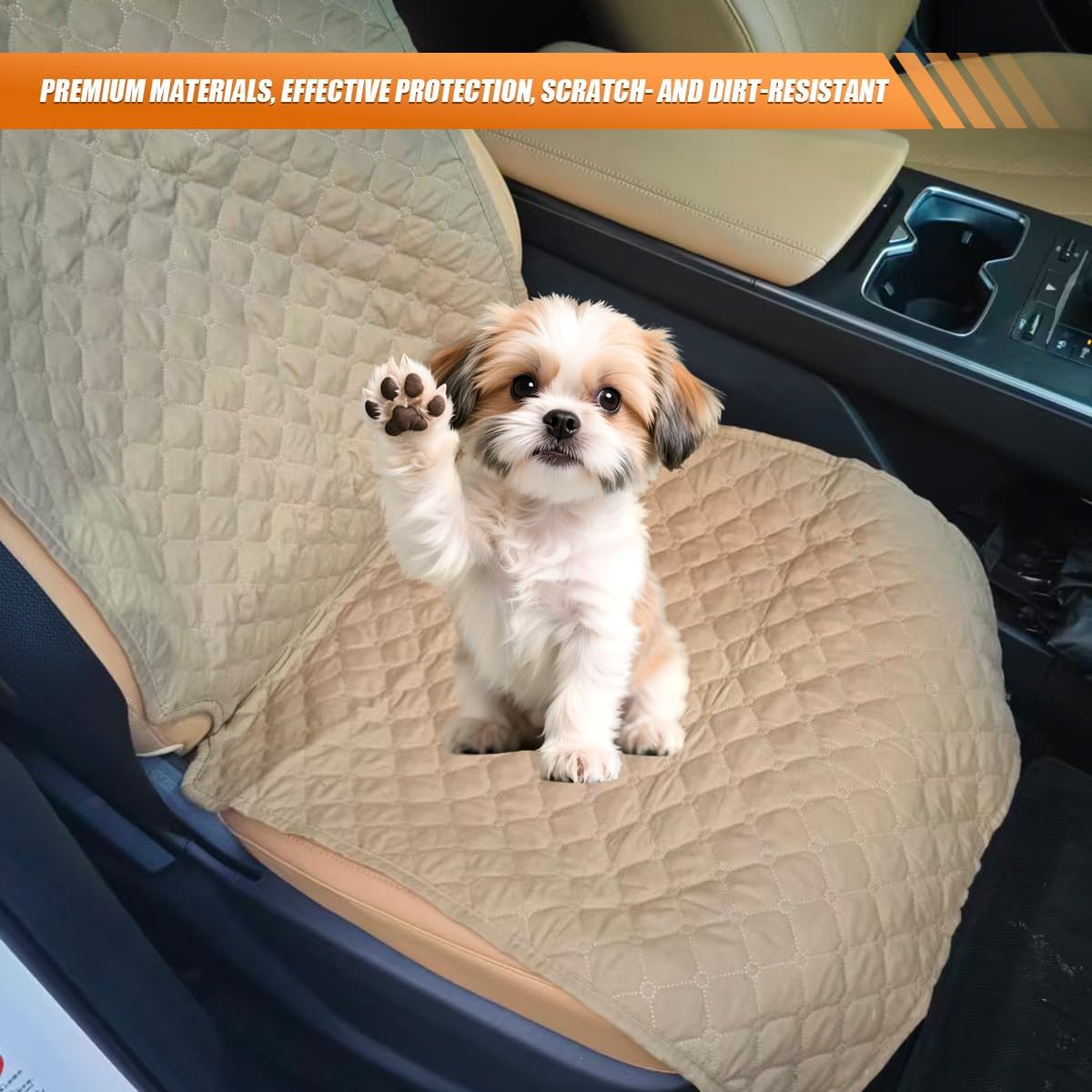 Dog Car Seat Cover, Scratch-Proof Front Seat Cover for Pets, Khaki