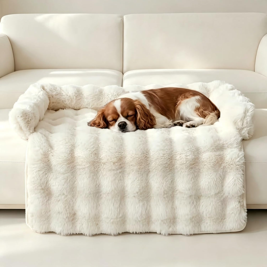 Large Plush Cat Mat for Sofa, Non Slip Cozy Pet Bed for Cats Small Dogs, Raised Edge Furniture Protector Mat, Beige L Size 29.5 x 29.5 Inch