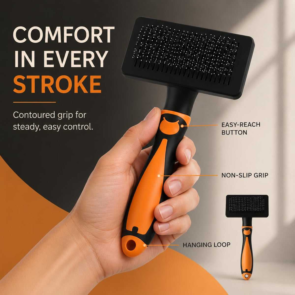 Self-Cleaning Slicker Brush for Dogs & Cats, Extra-Long Pins for Long & Short Hair, Large Grooming Brush for Deshedding, Detangling & Undercoat Removal, Orange