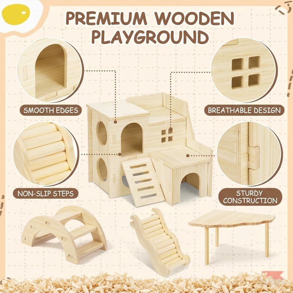 4-Piece Hamster Cage Accessories Set, Wooden Platform, Hideout Tunnel, Ladder and Climbing Playhouse for Dwarf Hamsters, Syrian Hamsters, Mice, Gerbils, Degus and Small Pets