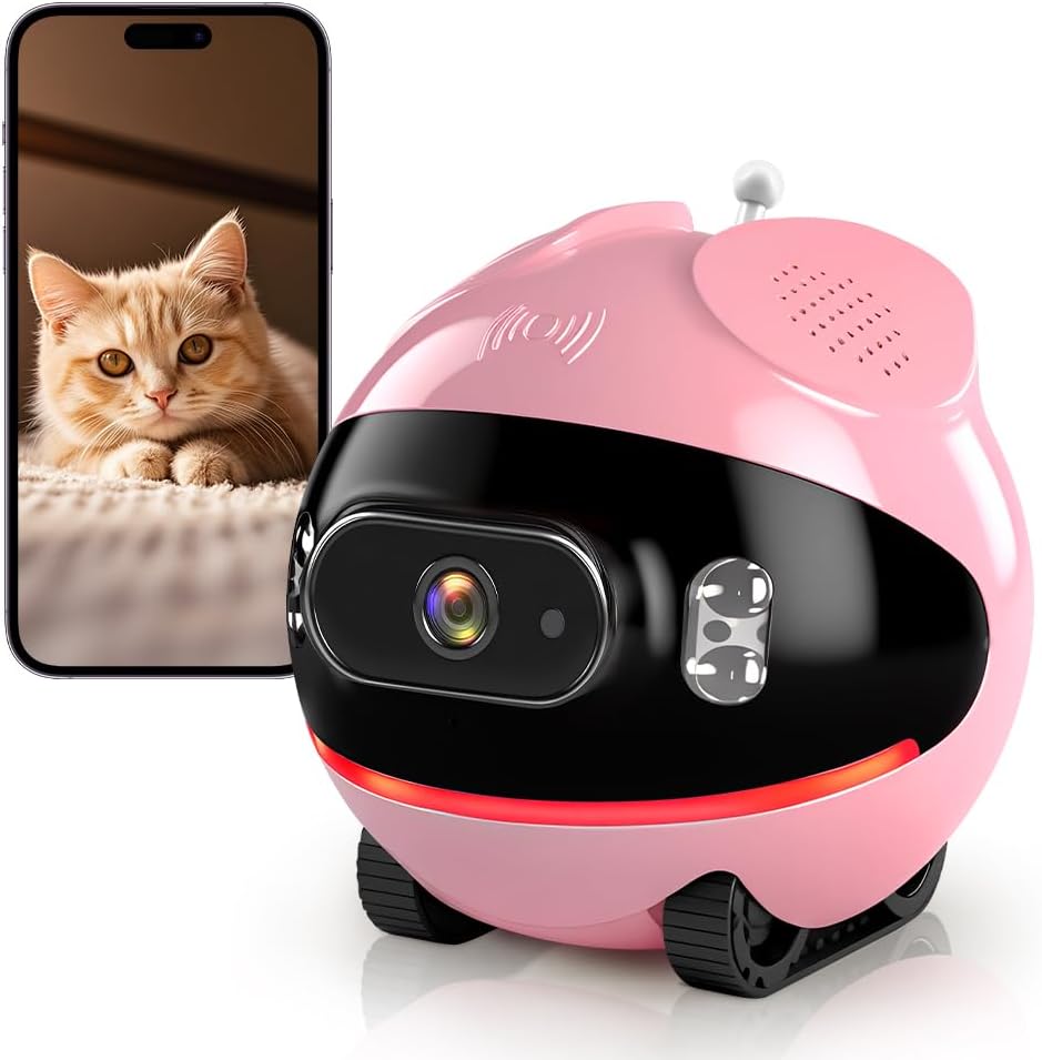 Pet Camera Robot with Cat Teaser: Battery-Operated, Movable with Phone App, 2-Way Talk, Video/Photo, Night Vision