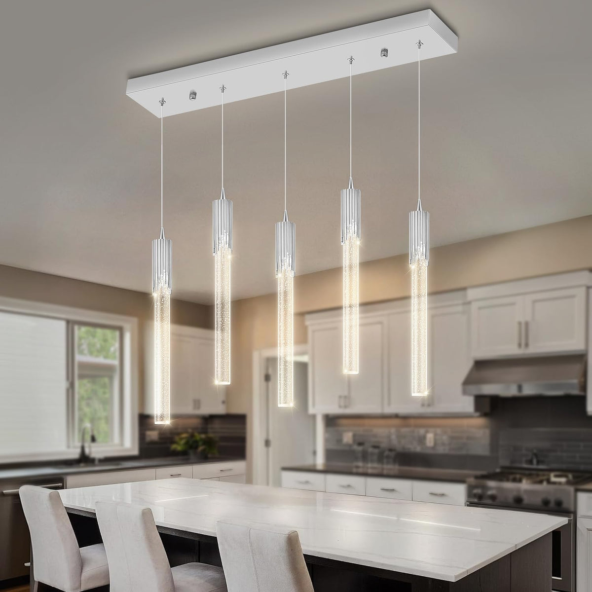 Flashing God 5-Lights Rectangular Crystal Pendant Lights for Kitchen Island Modern Crystal Column Chandeliers for Dining Room Chrome Linear Crystal Chandelier