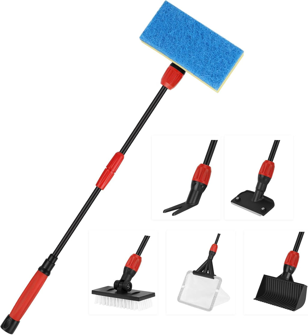 hygger Multi-Use Fish Tank Cleaner, 6 in 1 Aquarium Cleaning Tools Kit with 17.7 Inches Long Handle Algae Scraper Sponge Scrubber Firm Scrub Brush Fish Net Gravel Rake for Acrylic & Glass Tank