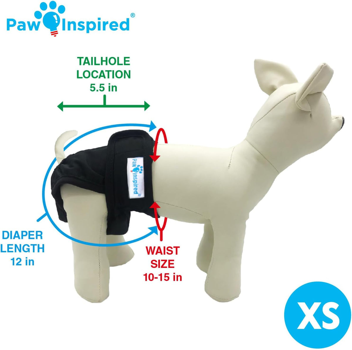Paw Inspired Washable Dog Diapers, Black with Black Lining, XS Size, 3 Pack
