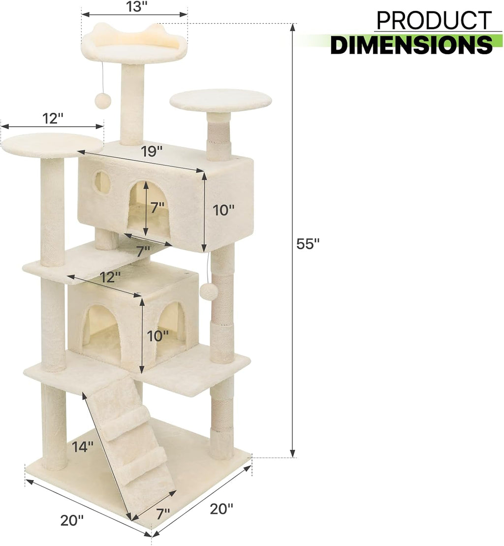 Magshion Cat Tree 55" Cats Tower for Indoor Cats, Multi-Level Cat Condo with Scratching Post, Top Perch, Sisal Board and Dangling Ball, Cat Stand Jumping Platform Kittens Pet Play House (Beige)