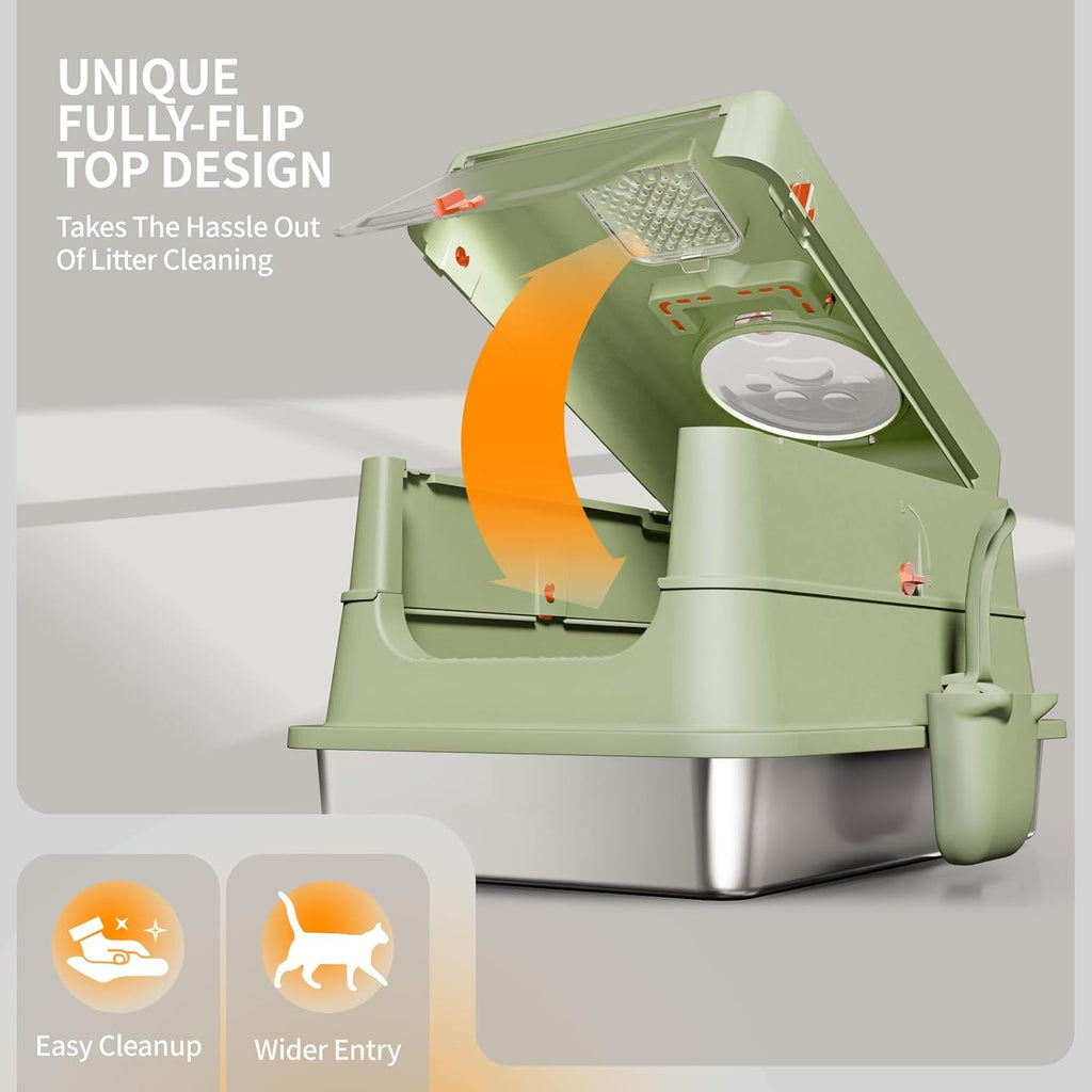 Stainless Steel Cat Litter Box with Lid, XL Large Enclosed, Green