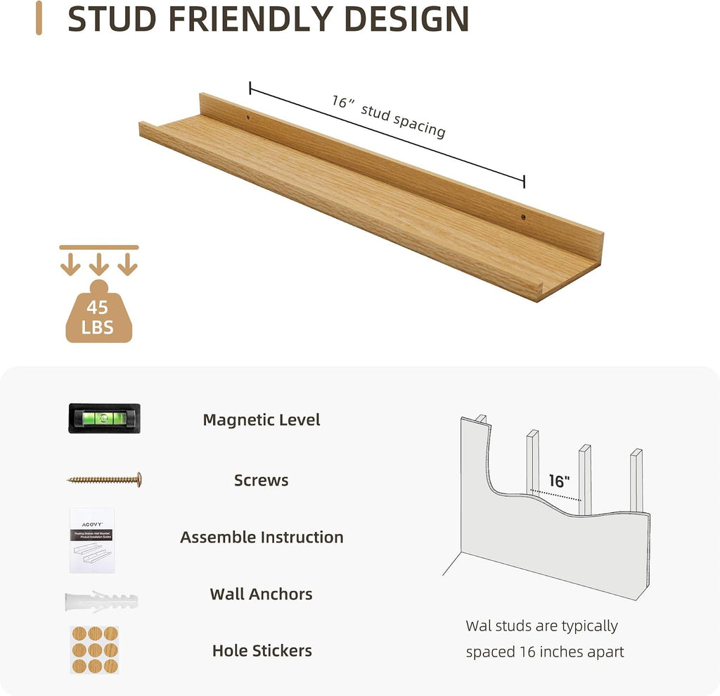 Picture Ledge Shelf, MDF Wood Floating Shelves Set of 2, Picture Ledge Photo Ledge Wall Mounted for Living Room Kids' Room Bedroom, Color Black (Oak, 30in-2pcs)