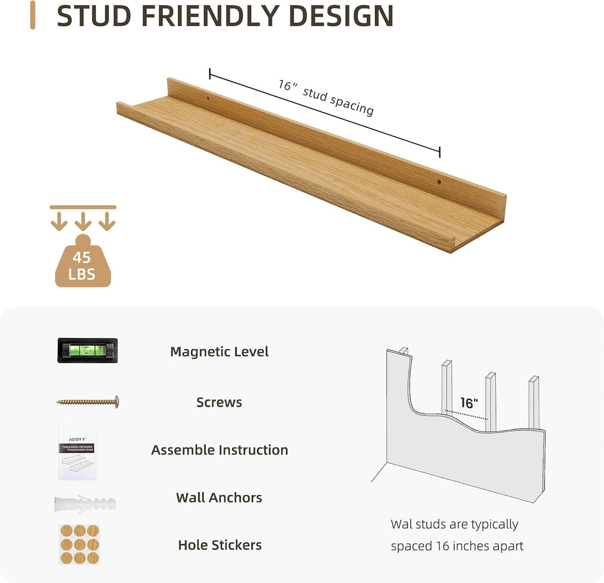 Picture Ledge Shelf, MDF Wood Floating Shelves Set of 2, Picture Ledge Photo Ledge Wall Mounted for Living Room Kids' Room Bedroom, Color Black (Oak, 30in-2pcs)