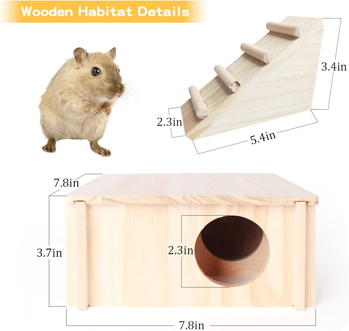 Fhiny Wooden Hamster Hideaout, Multi-Room Hamster House with Ladder
