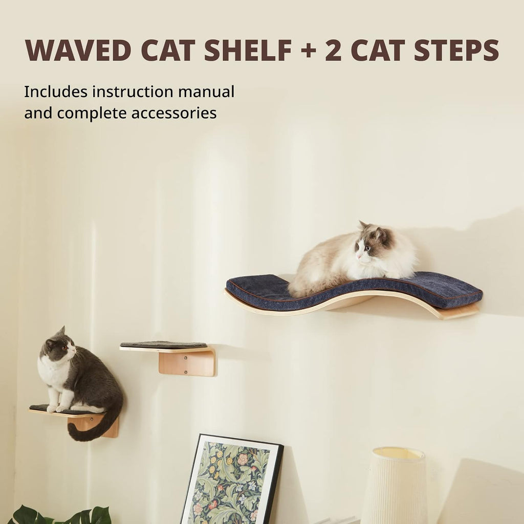 Cat Wall Shelf with Two Steps - Wave Cat Shelves and Perches for Wall - Wall Mounted Cats Furniture for Sleeping, Playing, Climbing, and Lounging