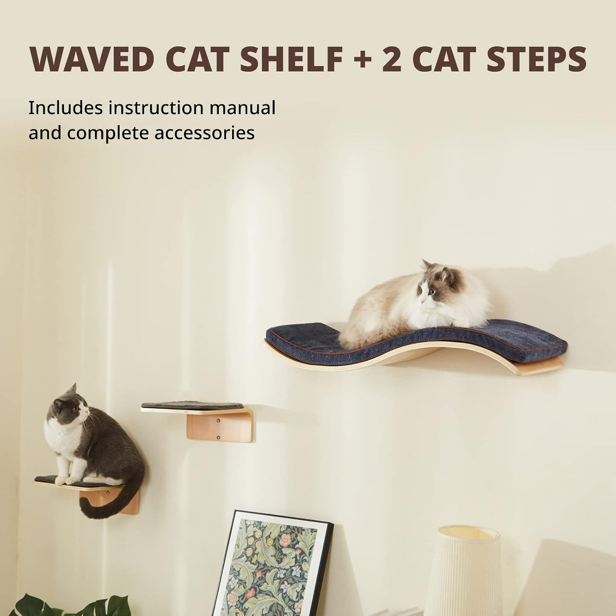 Cat Wall Shelf with Two Steps - Wave Cat Shelves and Perches for Wall - Wall Mounted Cats Furniture for Sleeping, Playing, Climbing, and Lounging