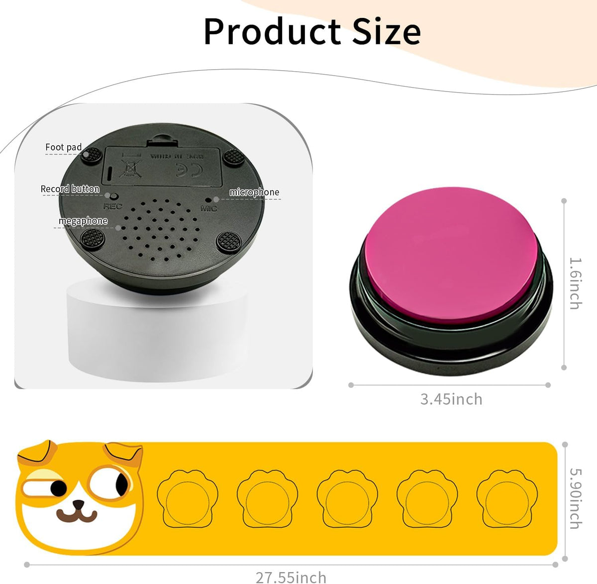 RIBOSY Dog Buttons for Communication, 5 Pcs Dog Speech Training Buzzers with Non-Slip Rubber Pad and 50 Stickers, 30 Seconds Voice Recording Button for Pet to Voice What They Want (Battery Included)