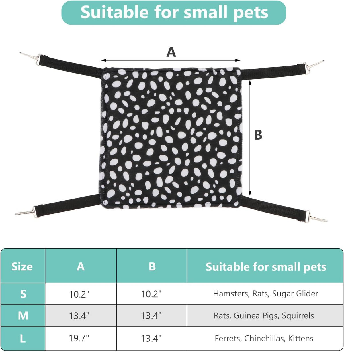 Wontee 2 Pack Small Animal Hammock Soft Fleece Sleeping Bed for Mice Rat Chinchilla Guinea Pig Ferret Kitten Cat Rabbit (S: 10.6x10.6inch, Black White Dot)