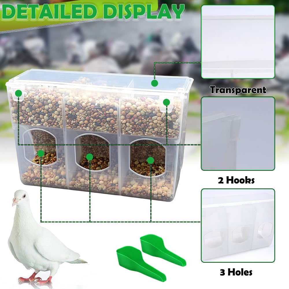 Pigeon Automatic Feeder Plastic Water Dispenser No Mess Hanging Food Feeder for Bird Cage Parakeet Quail Bird Chicken (3 Hole-Hook Design)