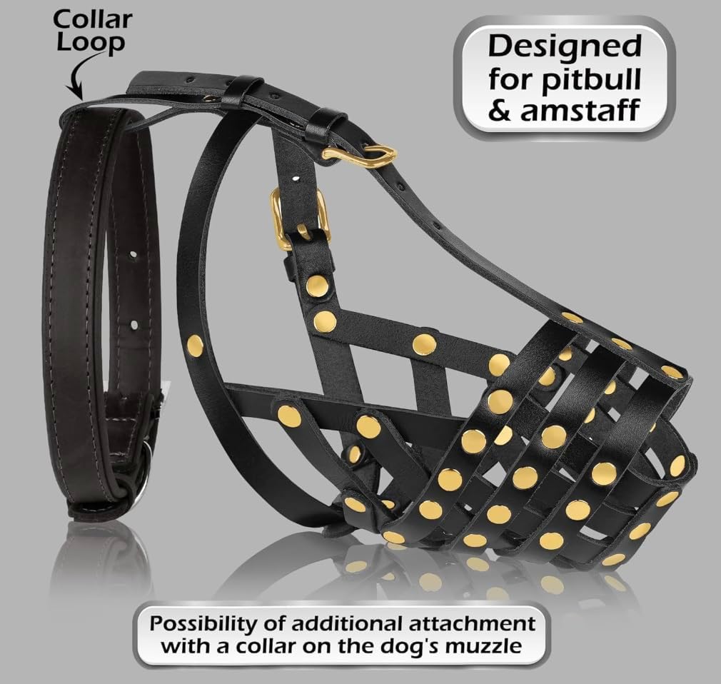 OOPSDOGGY Pitbull Dog Muzzle for Large Dogs - Leather Breathable Secure Basket Muzzle for Medium Large Breeds Prevents Biting No Chewing Amstaff Staffordshire Terrier (Black)