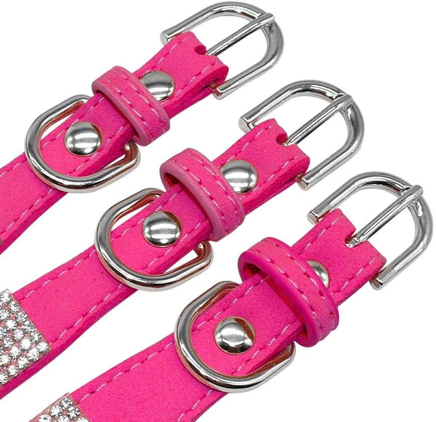 Cute Dazzling Sparkling Elegant Fancy Soft Suede Leather Bling Rhinestone Crystal Jeweled Pet Cat Dog Puppy Collar Dog Leash Combo Set (XXS(Neck 6-8"), Pink)