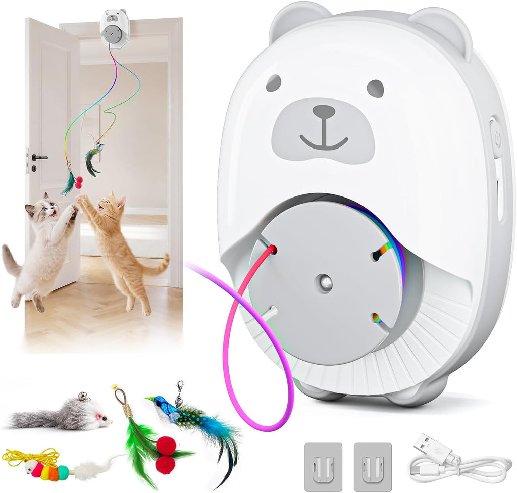 Interactive Cat Toys for Indoor Cats, Automatic Rechargeable Hanging Feather Wand with Flying Motion, 4 Packs Replaceable Accessories, Exercise Enrichment Toy for Cats, Long-Lasting USB Charging