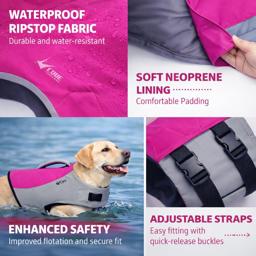 Dog Life Jacket, Sport Style Dog Float Coat with Excellent Buoyancy, Stylish Dog Swimming Safety Vest with Rescue Handle for Small Medium Large Dogs Rosered L