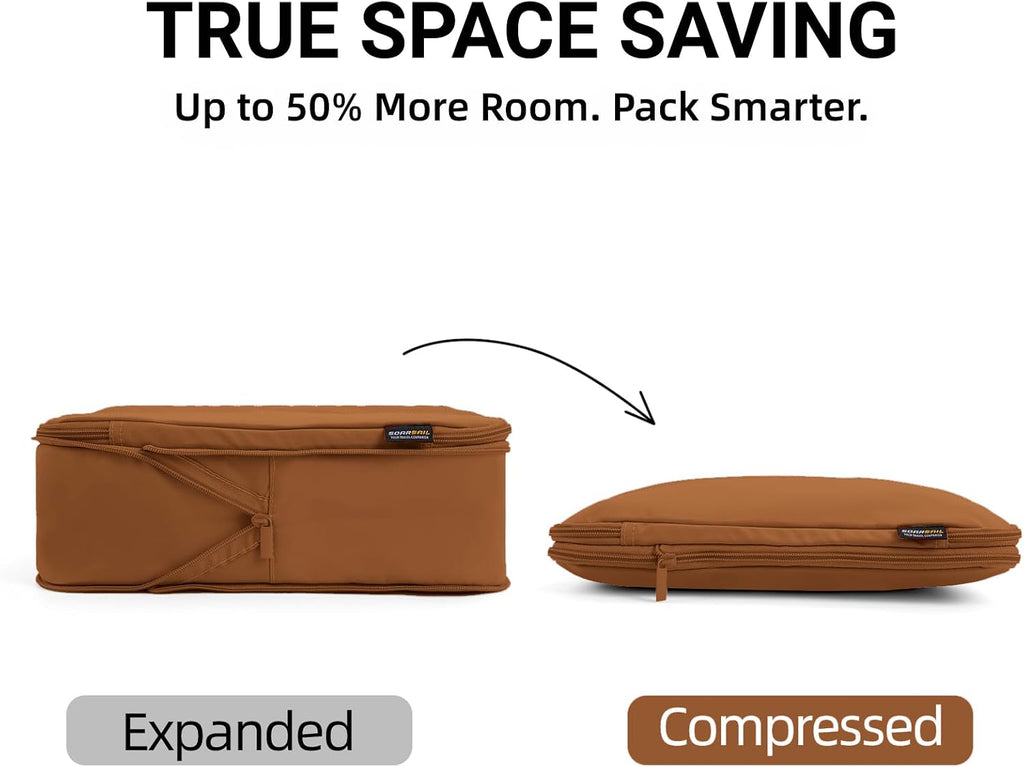 4 Large Compression Packing Cubes for 7–14 Day Travel, Light Brown