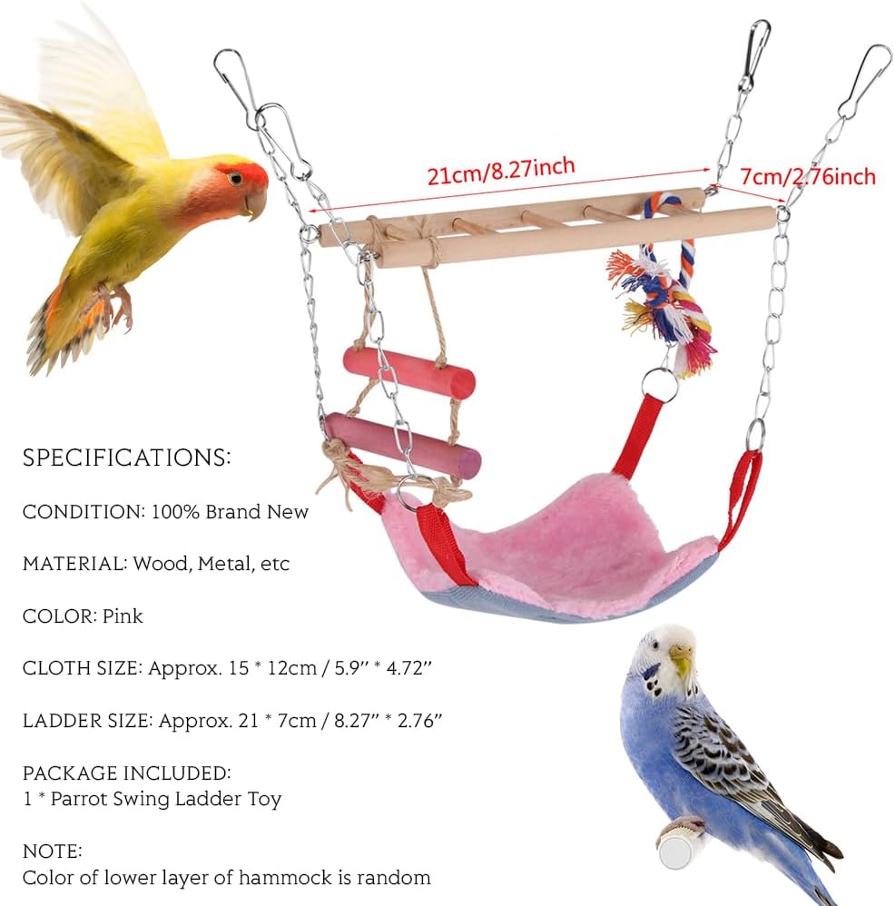 Small Animal Suspension Bridge, Hanging Cage Accessory with Hammock and Climbing Toys - Ladder and Ring, Ideal for Rats, Ferrets, Guinea Pigs, Parakeets, Finches, Cockatiels (Pink)