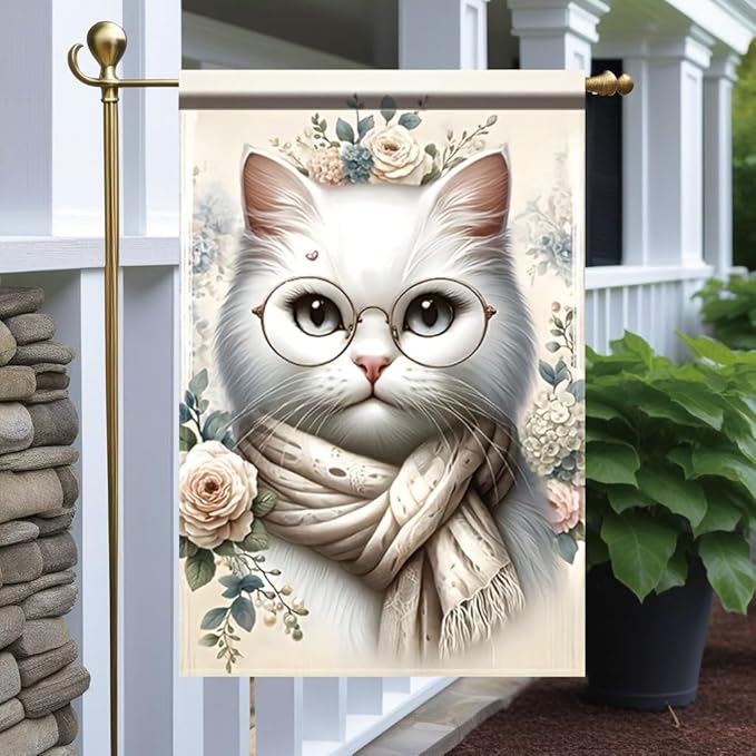 Cat Garden Flag 12x18 Inch Double Sided Outdoor Yard Banner White Cat by Unknown