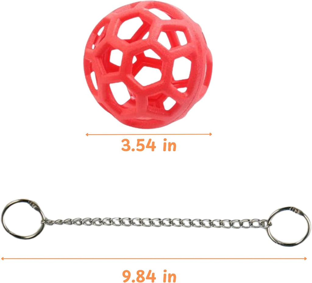 Turtle Feeder Ball with Chain, Hanging Tortoise Treat Ball, Turtle Enrichment Toys, Tortoise Hay Holder, Foraging Food Toy for Small Pet Rabbit Bunny Guinea Pig, Tortoises Accessories (Red Ball)