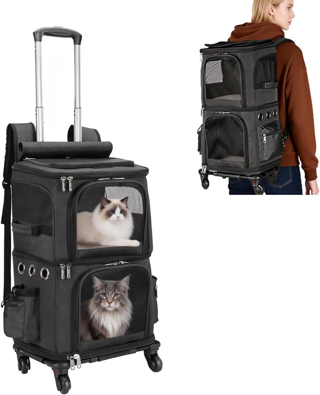 HOVONO Double-Compartment Cat Backpack Carrier with Wheels for 2 Pets, XL