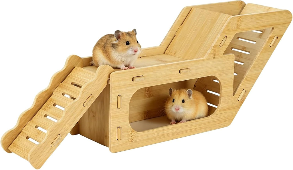 Bamboo Hamster Hideout House with Platform Dual Ramps and Ladder