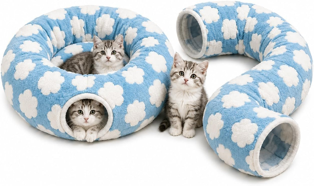 Cat Tunnel Bed with Washable Cushion for Indoor Cat, Donut Cave Tube Toys for Kitten Puppy Rabbit, Purple
