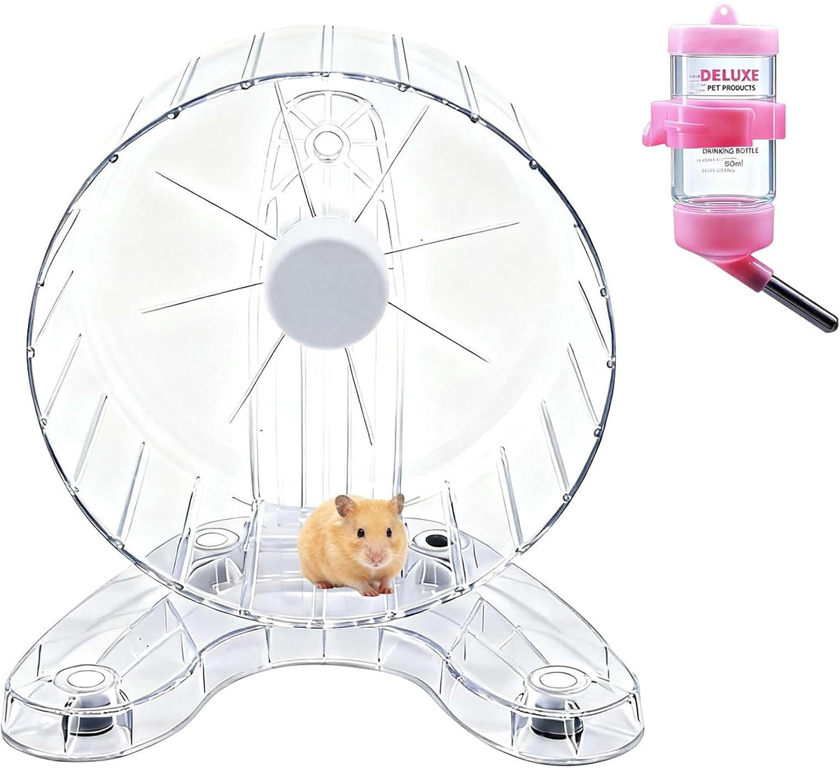 6.5" Hamster Exercise Wheel with Drinking Bottle, Hamster Exercise Wheel for Gerbils, Syrian & Dwarf Hamsters, Chinchillas, Hamster Running Wheel Noiseless Spinning Design for Other Small Pets, Clear