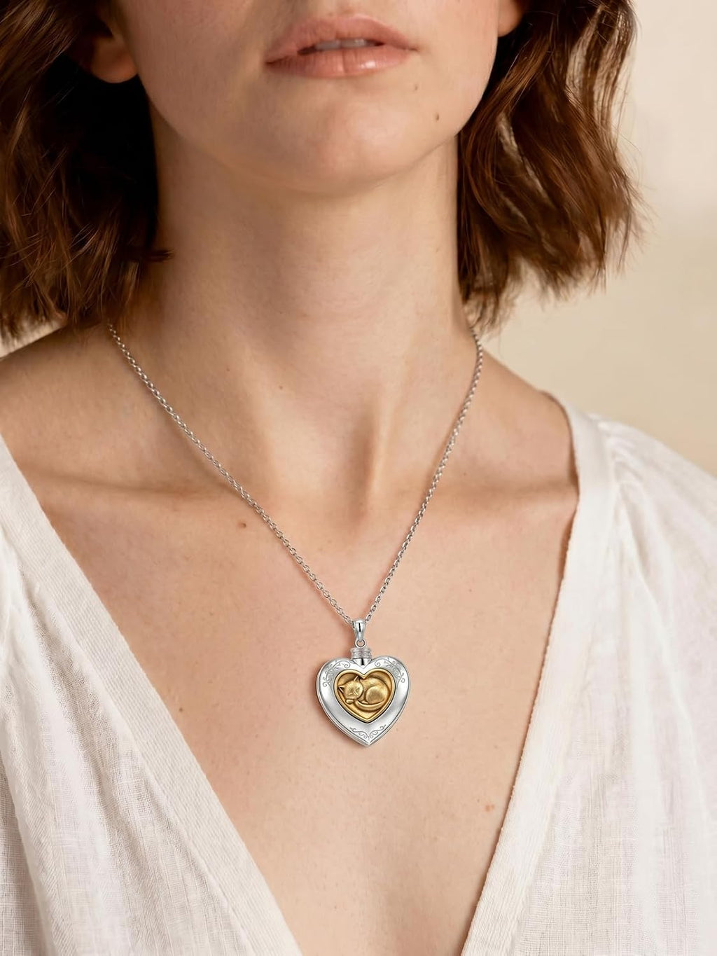 Cat/Dog Cremation Urn Necklace 925 Sterling Silver Two-Tone Heart Pet Urn Necklace Ashes Keepsake Memorial Urn Necklaces for Ashes Adjustable 16+3 Inch with Funnel