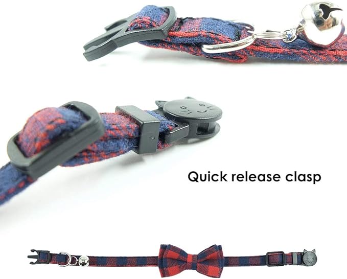 Cat Collar Breakaway with Bell and Bow Tie, Plaid Design Adjustable Safety - Image 6