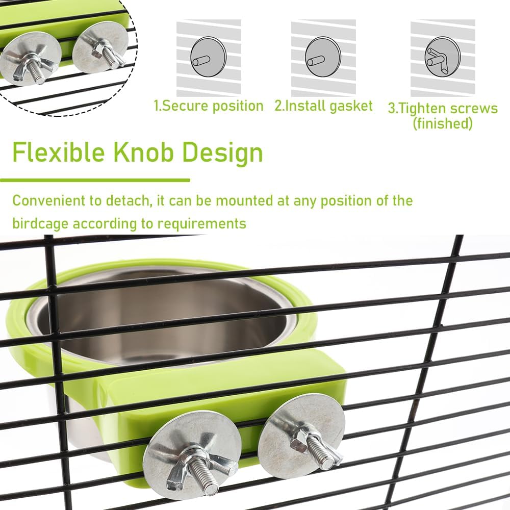 2 Pack Bird Detachable Bowl Stainless Steel Feeder Feeding Dish Water Cup Perch Stand with 2 Pcs Spoon for Bird Parrot Canary Finch Parakeet Budgie Cockatiel Lovebird