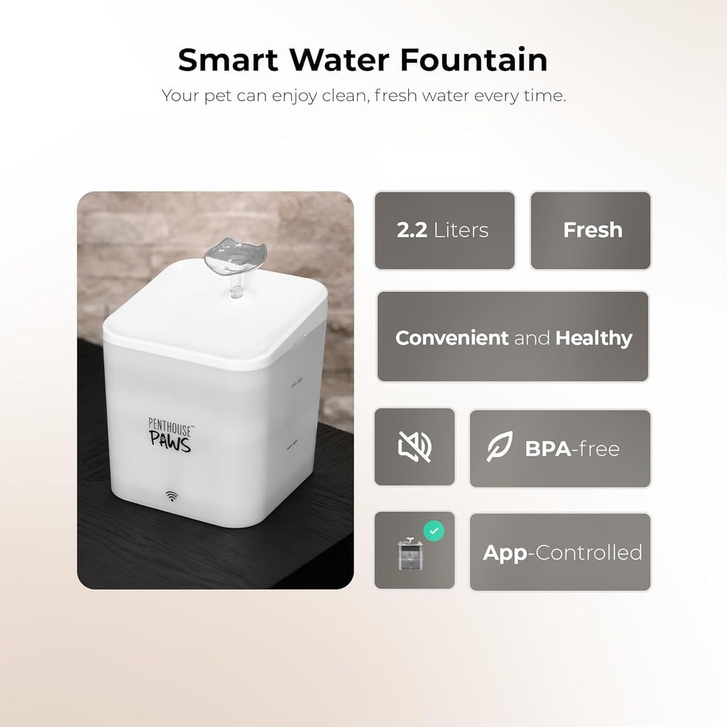 Penthouse Paws Smart Cat Water Fountain, App-Controlled, 2.2L, White